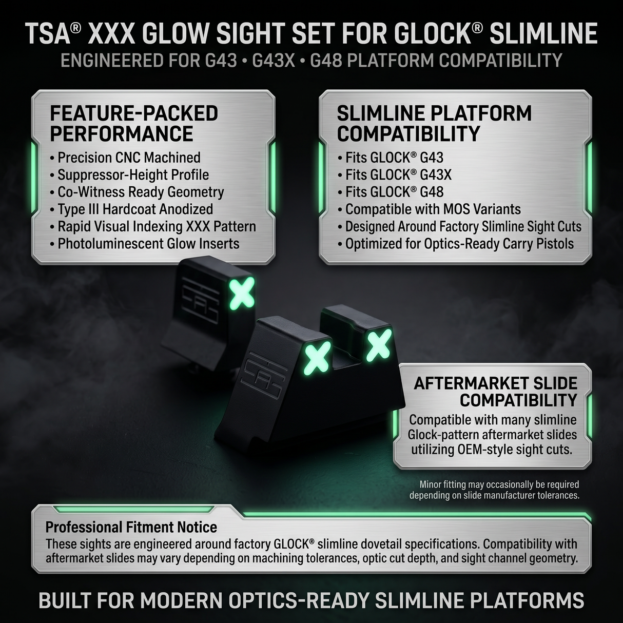 TSA® XXX Glow Suppressor Height Sights for Glock® Slimline | Fits G43, G43X, G43X MOS, G48 & G48 MOS