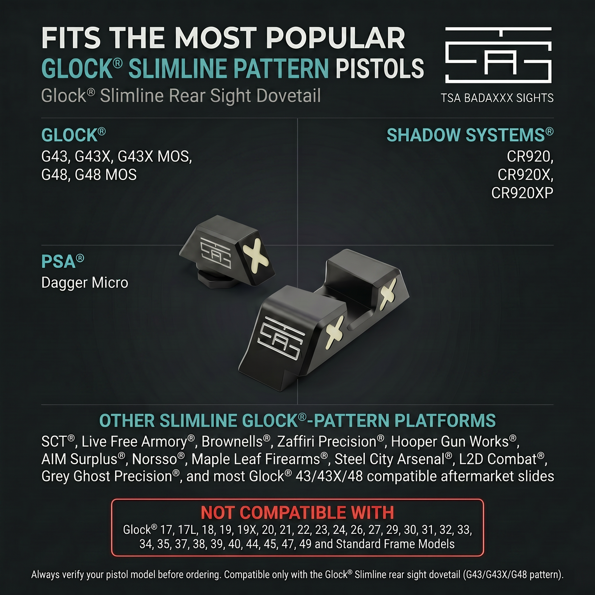TSA® XXX Glow Sights for Glock® 42 43 43X 48X Slimline V & MOS models