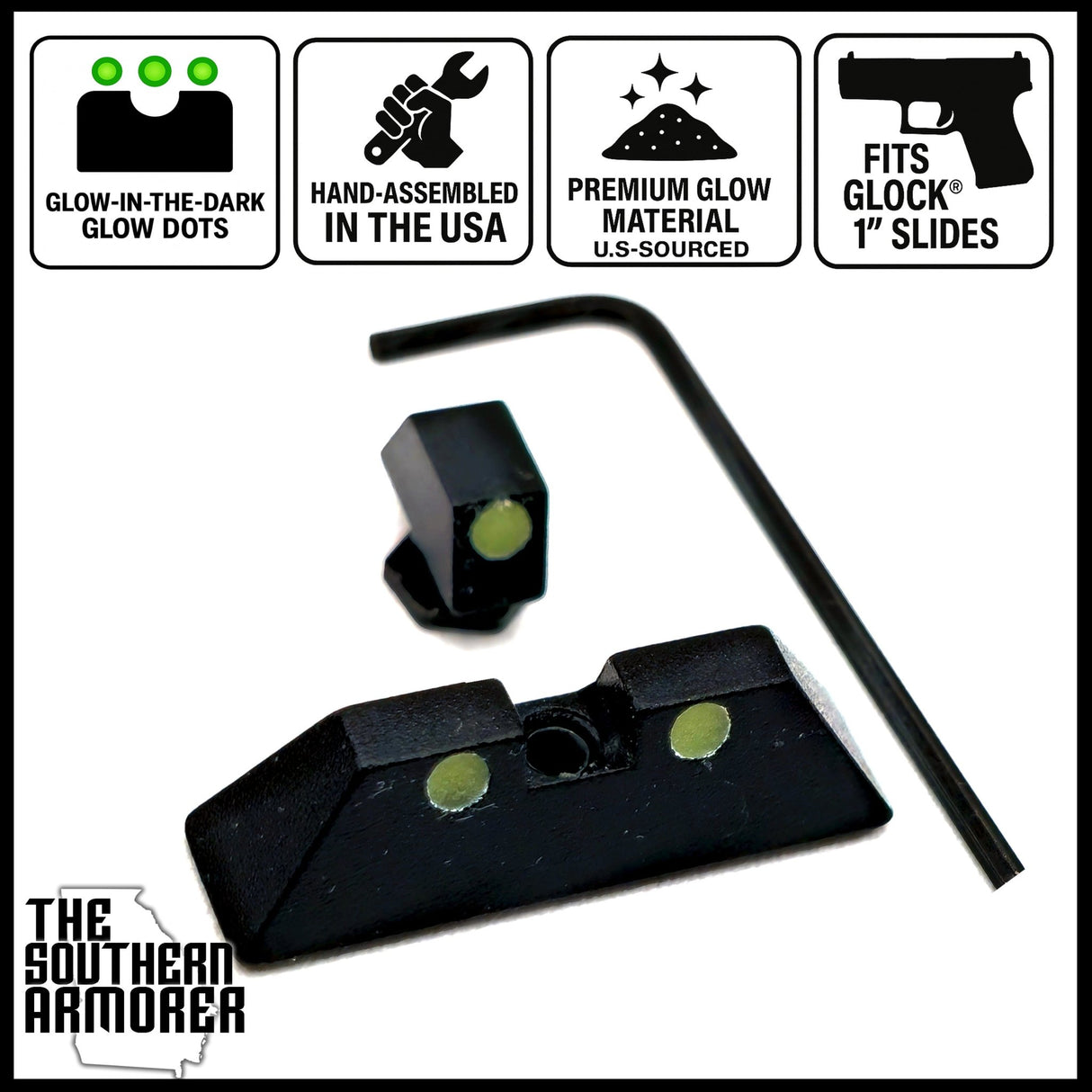 Glow - in - the - Dark Night Sights – Fits GLOCK® 1" Wide Slides (Gen 3–5) – Hand - Assembled USA - The Southern Armorer LLC