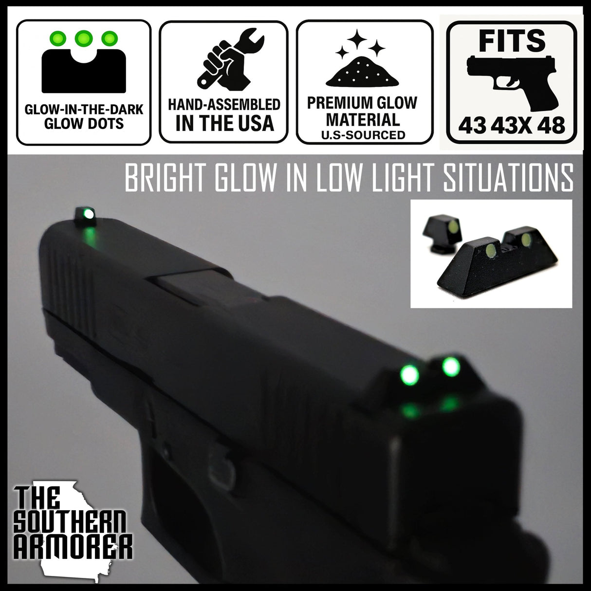 Glow - in - the - Dark Night Sights for GLOCK® 43 / 43X / 48 – Slimline Glow Dot Front & Rear Set - The Southern Armorer LLC