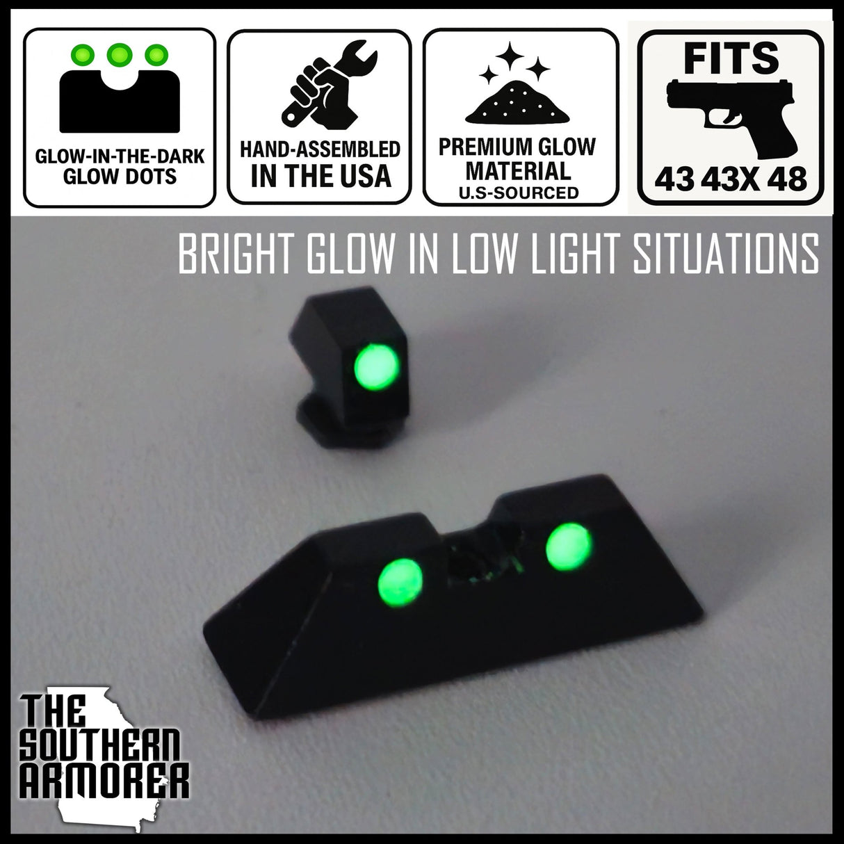 Glow - in - the - Dark Night Sights for GLOCK® 43 / 43X / 48 – Slimline Glow Dot Front & Rear Set - The Southern Armorer LLC