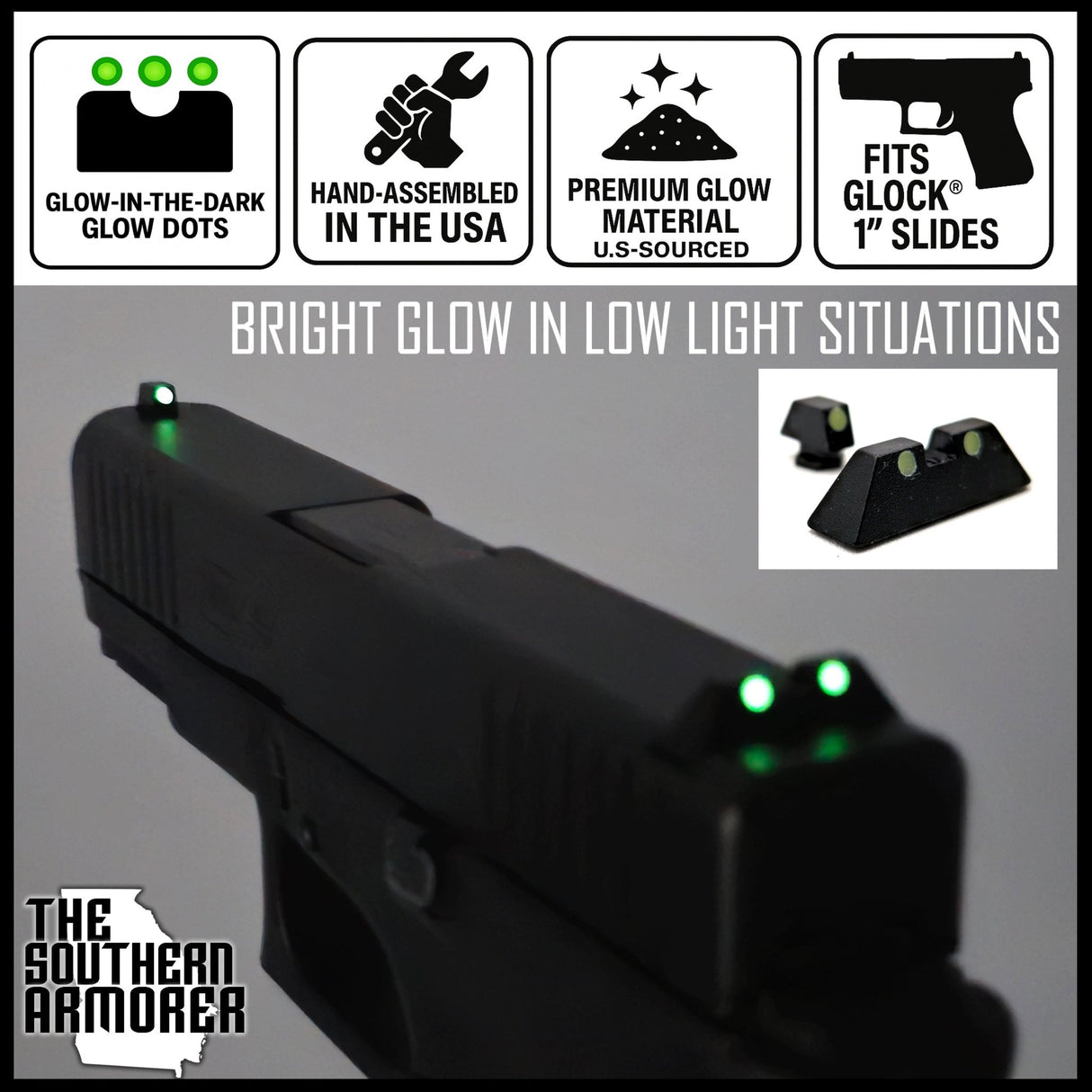 Glow - in - the - Dark Night Sights – Fits GLOCK® 1" Wide Slides (Gen 3–5) – Hand - Assembled USA - The Southern Armorer LLC