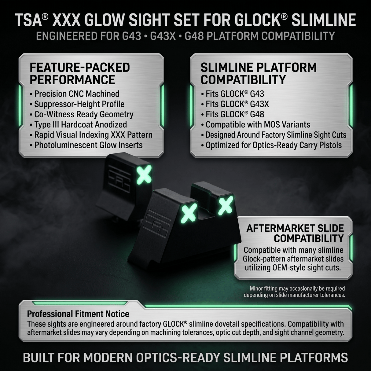 TSA® XXX Glow Suppressor Height Sights for Glock® Slimline | Fits G43, G43X, G43X MOS, G48 & G48 MOS - The Southern Armorer LLC