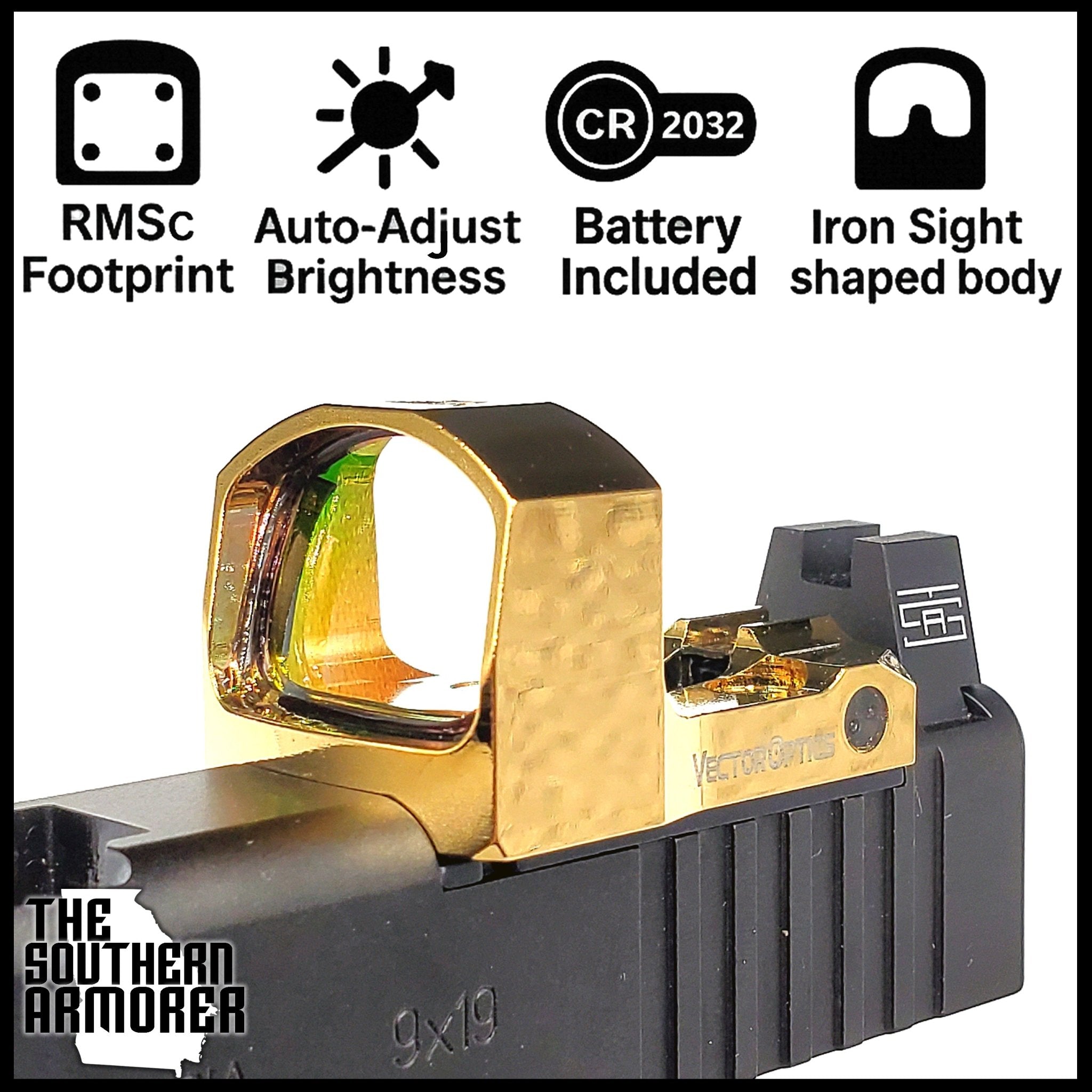 洋楽 GOLDEN MINI ROSSO EUROPEAN SCREEN THEMES VECTOR OPTICS® Frenzy-S SCRD-55 Gold Red Dot – RMSc® Footprint